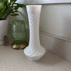 Quilted pattern milk glass bud vase.